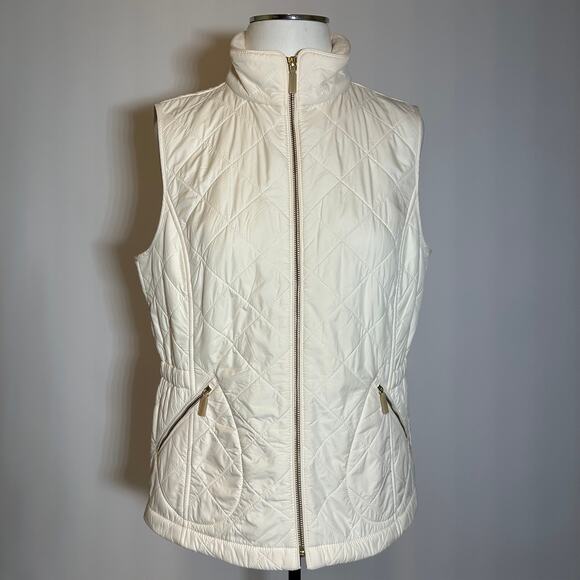 Talbots Ivory Diamond Quilted Vest Fleece Lined Gold Zip Up Womens Size Medium M - Picture 1 of 12